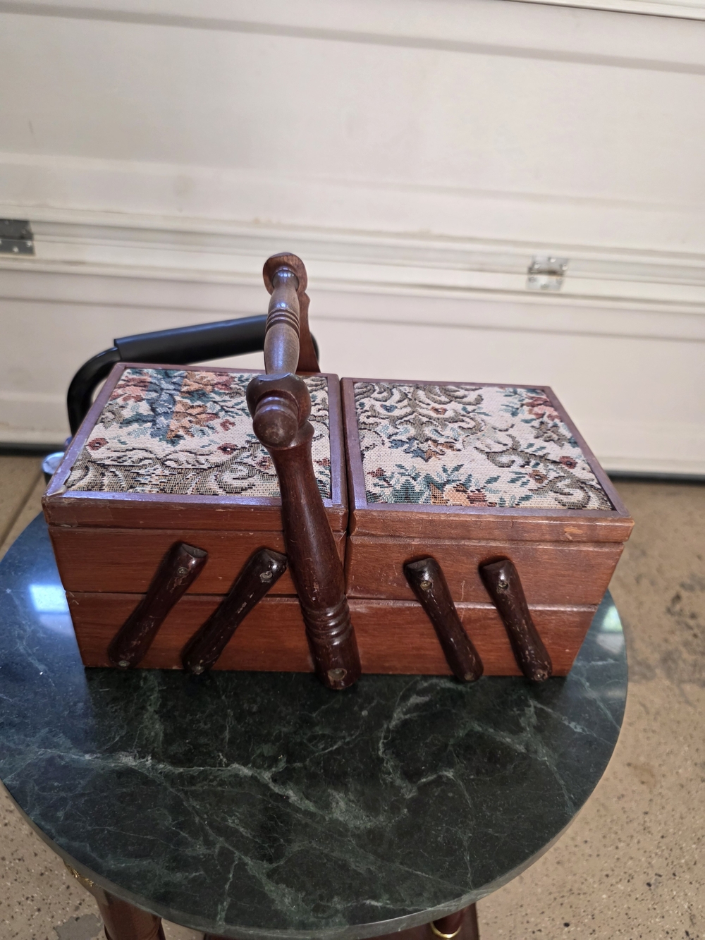 Vintage Brown Wooden Sewing Box with Floral Needlepoint Panels